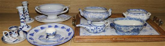 A Danish blue and white fluted porcelain tray in moulded oak two-handled frame and sundry blue and white ceramics,